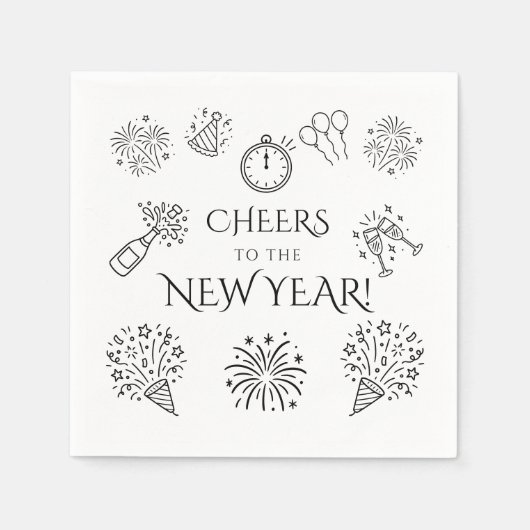 Whimsical Doodles Black Cheers to New Year Party Servet (Voorkant)