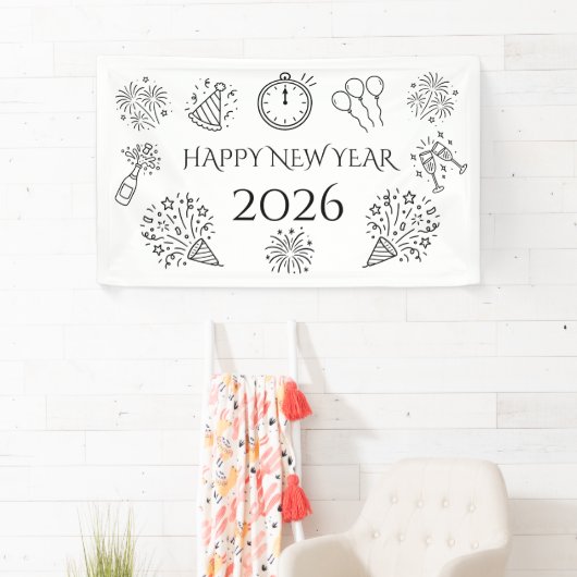 Whimsical Doodles Black Text Happy New Year 2026 Spandoek (Insitu)