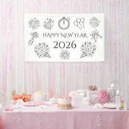 Whimsical Doodles Black Text Happy New Year 2026 Spandoek