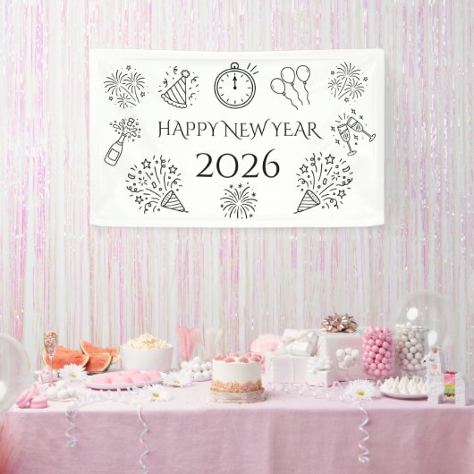 Whimsical Doodles Black Text Happy New Year 2026 Spandoek (Feest)