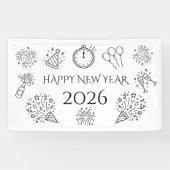 Whimsical Doodles Black Text Happy New Year 2026 Spandoek (Horizontaal)