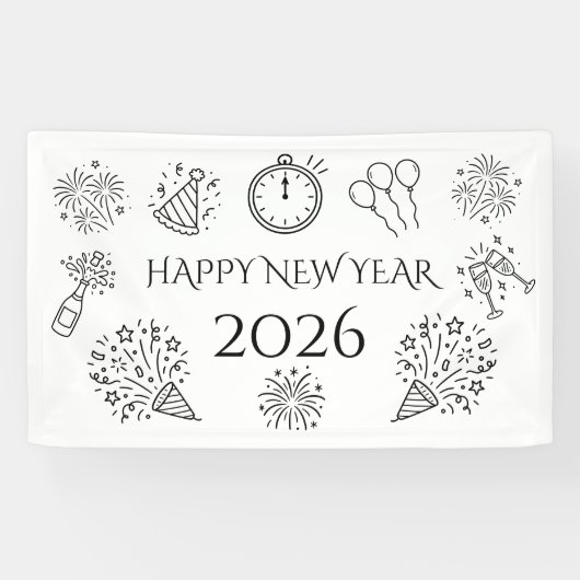 Whimsical Doodles Black Text Happy New Year 2026 Spandoek (Horizontaal)