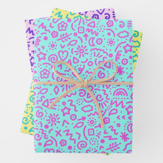 Whimsical Doodles Colorful Wrapping Paper (In situ)