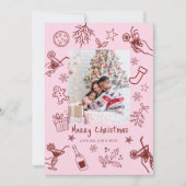 Whimsical Doodles Foto Rood Roze Kerst Kaart (Voorkant)