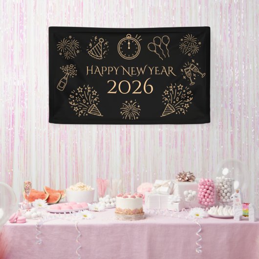 Whimsical Doodles Gold Black Happy New Year 2026 Spandoek (Feest)