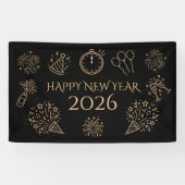 Whimsical Doodles Gold Black Happy New Year 2026 Spandoek (Horizontaal)