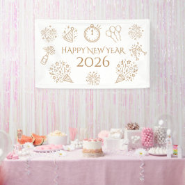 Whimsical Doodles Gold Text Happy New Year 2026 Spandoek