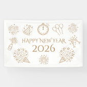 Whimsical Doodles Gold Text Happy New Year 2026 Spandoek (Horizontaal)