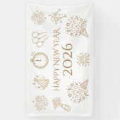 Whimsical Doodles Gold Text Happy New Year 2026 Spandoek (Verticaal)