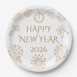Whimsical Doodles Goud Gelukkig Nieuwjaar 2026 Papieren Bordje