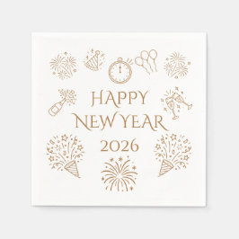 Whimsical Doodles Goud Gelukkig Nieuwjaar 2026 Servet