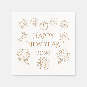 Whimsical Doodles Goud Gelukkig Nieuwjaar 2026 Servet