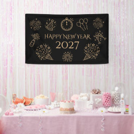 Whimsical Doodles Goud Zwart Gelukkig Nieuwjaar 20 Spandoek