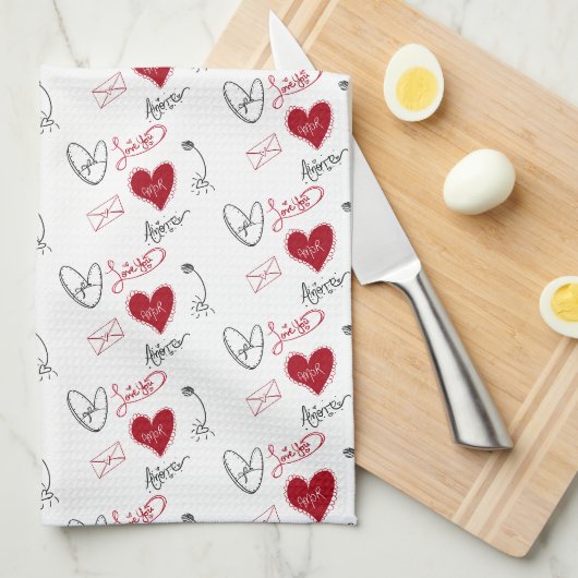 Whimsical Doodles Hand Getekende Valentijnsdag Theedoek (Quarter Fold)