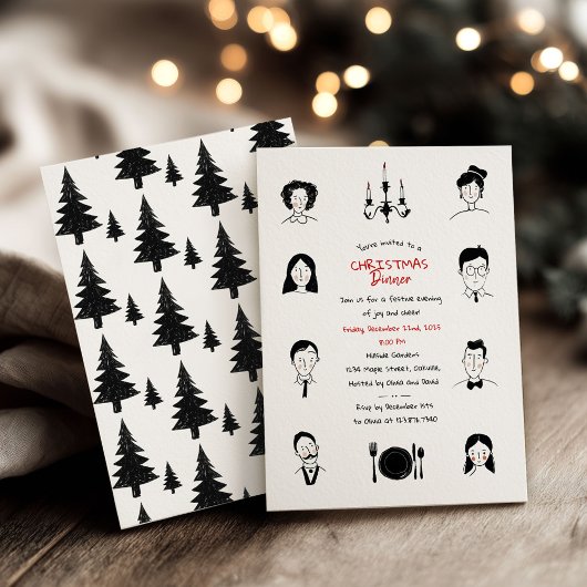 Whimsical Doodles Portretten Kerst Dinner Kaart