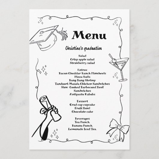 Whimsical Doodles stijl Hand getrokken Afstuderen Menu (Voorkant)