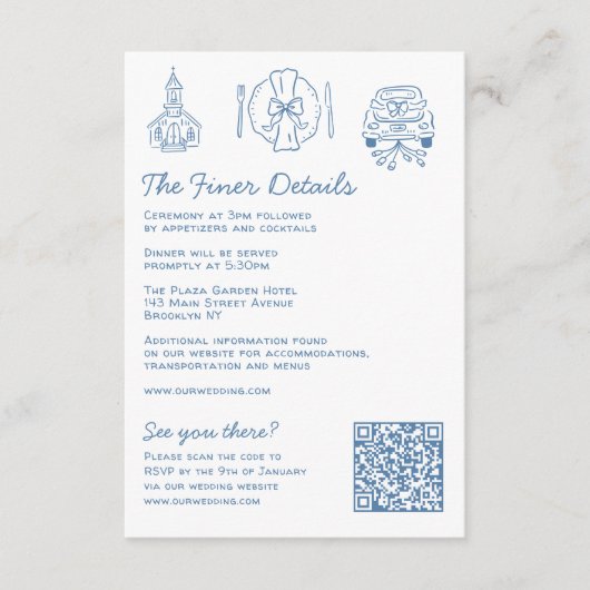 Whimsical Doodles Wedding Details RSVP QR Code Informatiekaartje (Voorkant)