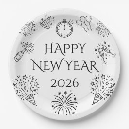 Whimsical Doodles Zwart Gelukkig Nieuwjaar 2026 Papieren Bordje
