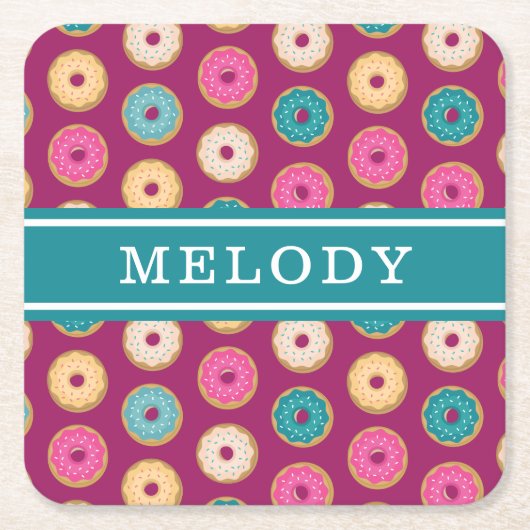 Whimsical Doughnut Pattern op Paars Kartonnen Onderzetters (Voorkant)