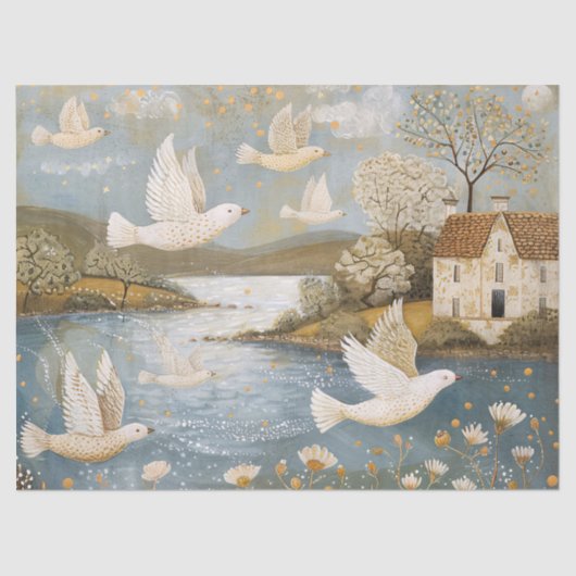 Whimsical Doves Landschap  Art Decoupage Tissuepapier (Voorkant)