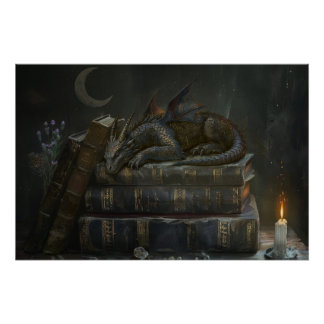 Whimsical Draak op Boeken Muur Kunst | Donkere Aca Perfect Poster
