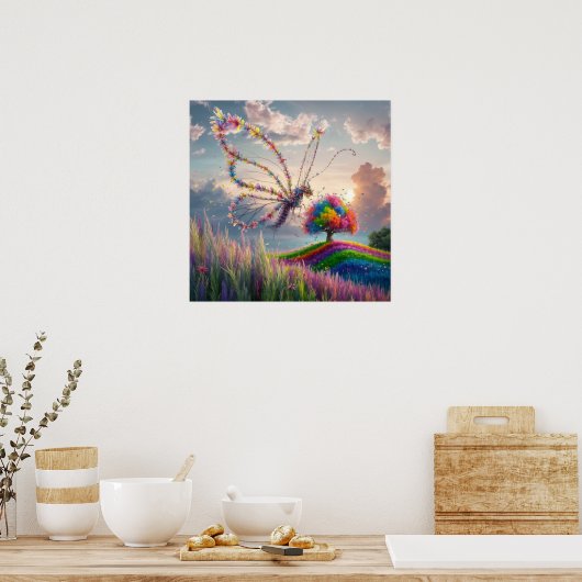 Whimsical Dragon Butterfly in Bloom: ingewikkeld Poster (Keuken)