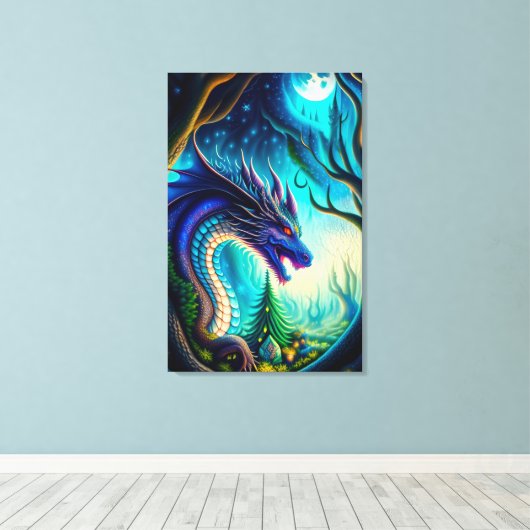 Whimsical Dragon en Moon Canvas Print (Insitu (Houten vloer))