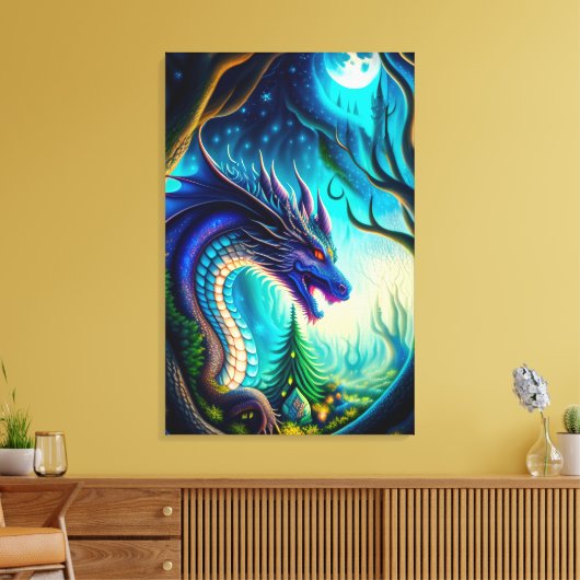 Whimsical Dragon en Moon Canvas Print (Insitu (Woonkamer))