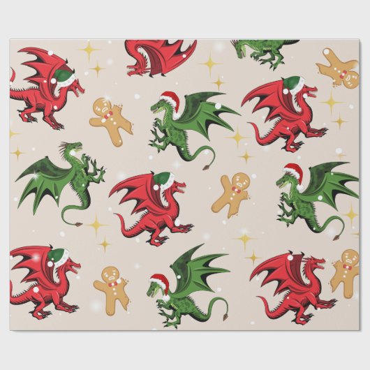 Whimsical Dragon & Gingerbread Kerst Wrapping Cadeaupapier (Vlak)
