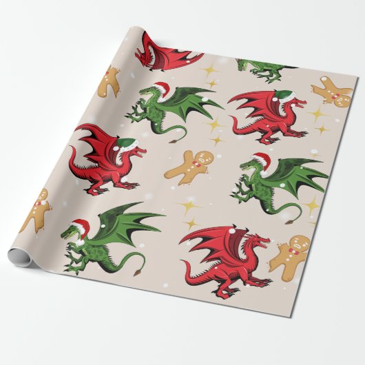 Whimsical Dragon & Gingerbread Kerst Wrapping Cadeaupapier (Uitgerold)