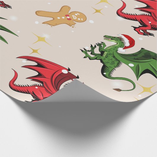 Whimsical Dragon & Gingerbread Kerst Wrapping Cadeaupapier (Hoek)