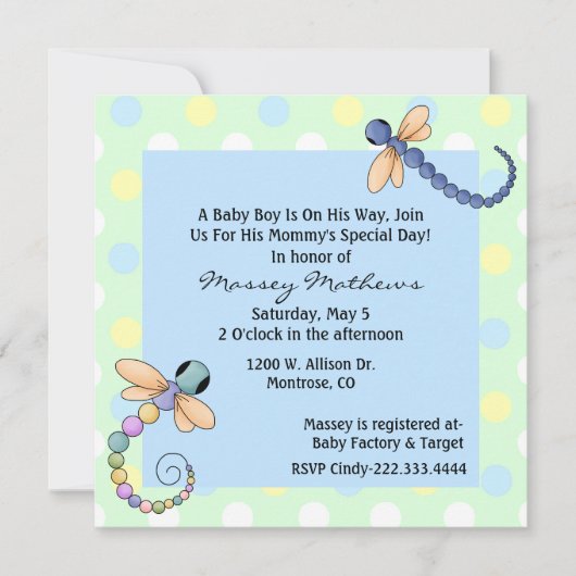 Whimsical Dragonflies Baby Boy Shower Invitation Kaart (Voorkant)