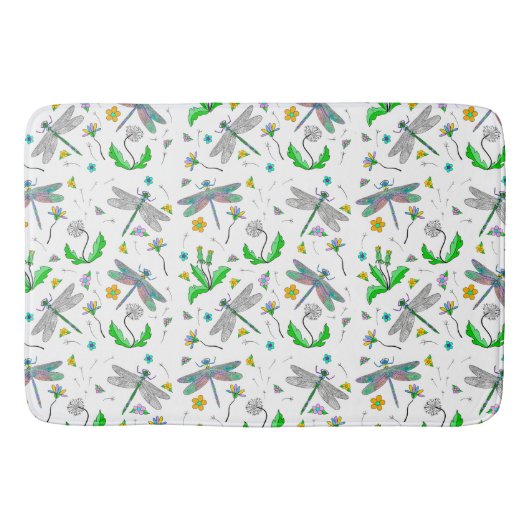 Whimsical Dragonflies en Dandelions Hand Drawn Badmat (Voorkant)