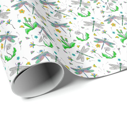 Whimsical Dragonflies en Dandelions Hand Drawn Cadeaupapier (Rol Hoek)
