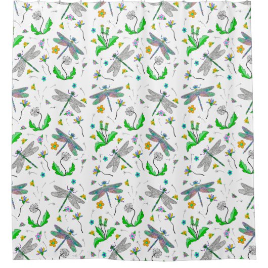 Whimsical Dragonflies en Dandelions Hand Drawn Douchegordijn (Voorkant)