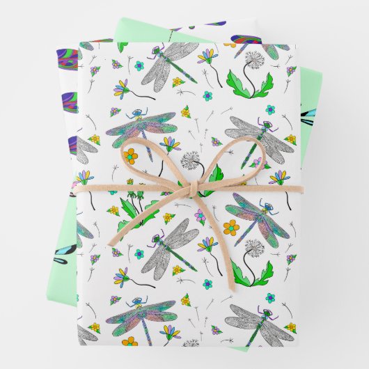 Whimsical Dragonflies en Dandelions Hand Drawn Inpakpapier Vel (In situ)