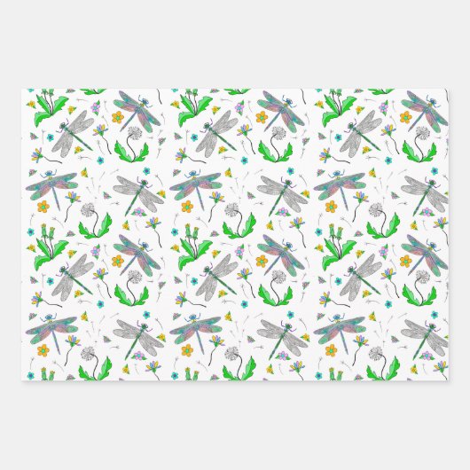Whimsical Dragonflies en Dandelions Hand Drawn Inpakpapier Vel (Voorkant)