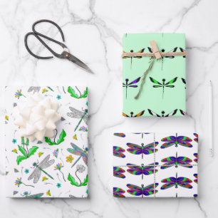 Whimsical Dragonflies en Dandelions Hand Drawn Inpakpapier Vel