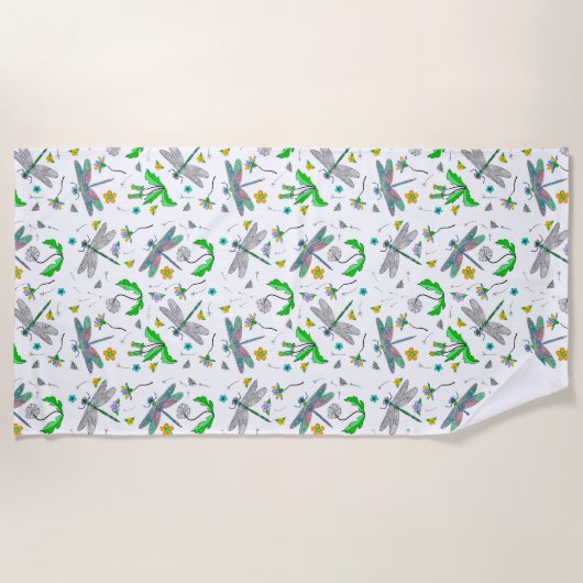 Whimsical Dragonflies en Dandelions Hand Drawn Strandlaken (Voorkant)