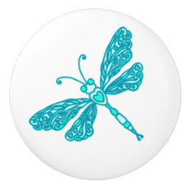 Whimsical dragonfly aqua inked art doornknop keramische knop