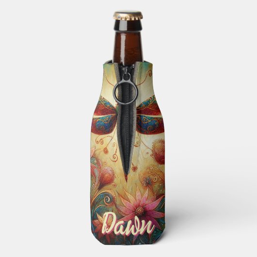 Whimsical Dragonfly Floral Abstract gepersonalisee Flesjeskoeler (Fles Achterkant)