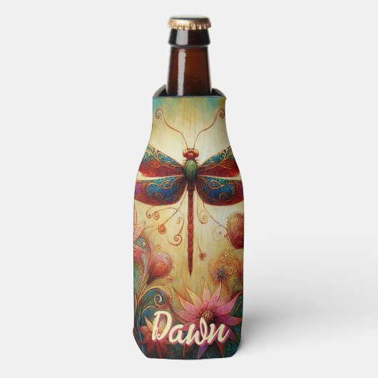 Whimsical Dragonfly Floral Abstract gepersonalisee Flesjeskoeler (Fles Voorkant)