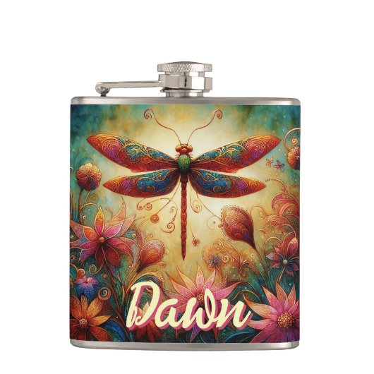Whimsical Dragonfly Floral Abstract gepersonalisee Heupfles (Voorkant)