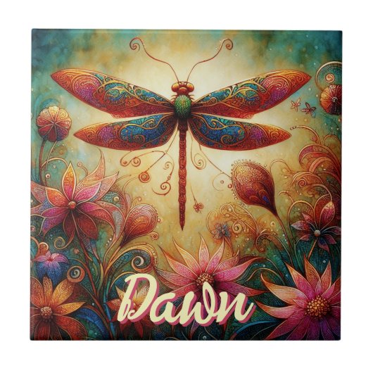 Whimsical Dragonfly Floral Abstract gepersonalisee Tegeltje (Voorkant)