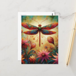Whimsical Dragonfly Floral Abstracte Kunst Blauwgr Briefkaart