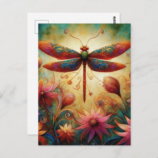 Whimsical Dragonfly Floral Abstracte Kunst Blauwgr Briefkaart (Voorkant / Achterkant)