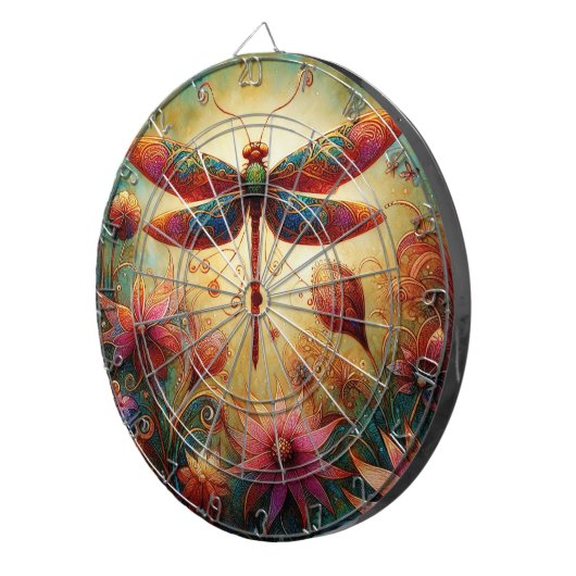 Whimsical Dragonfly Floral Abstracte Kunst Blauwgr Dartbord (Voorkant Rechts)