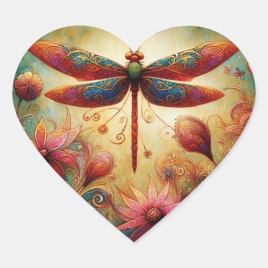Whimsical Dragonfly Floral Abstracte Kunst Blauwgr Hart Sticker (Voorkant)