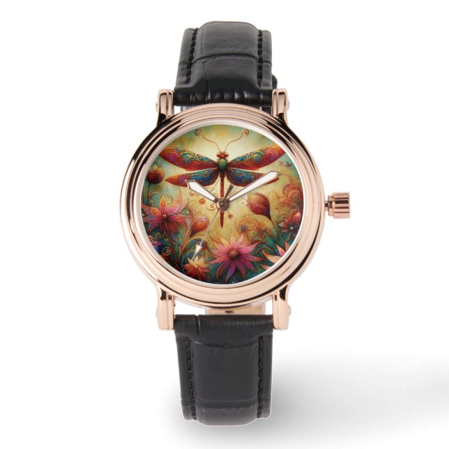 Whimsical Dragonfly Floral Abstracte Kunst Blauwgr Horloge (Voorkant)