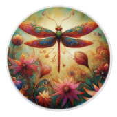 Whimsical Dragonfly Floral Abstracte Kunst Blauwgr Keramische Knop (Voorkant)